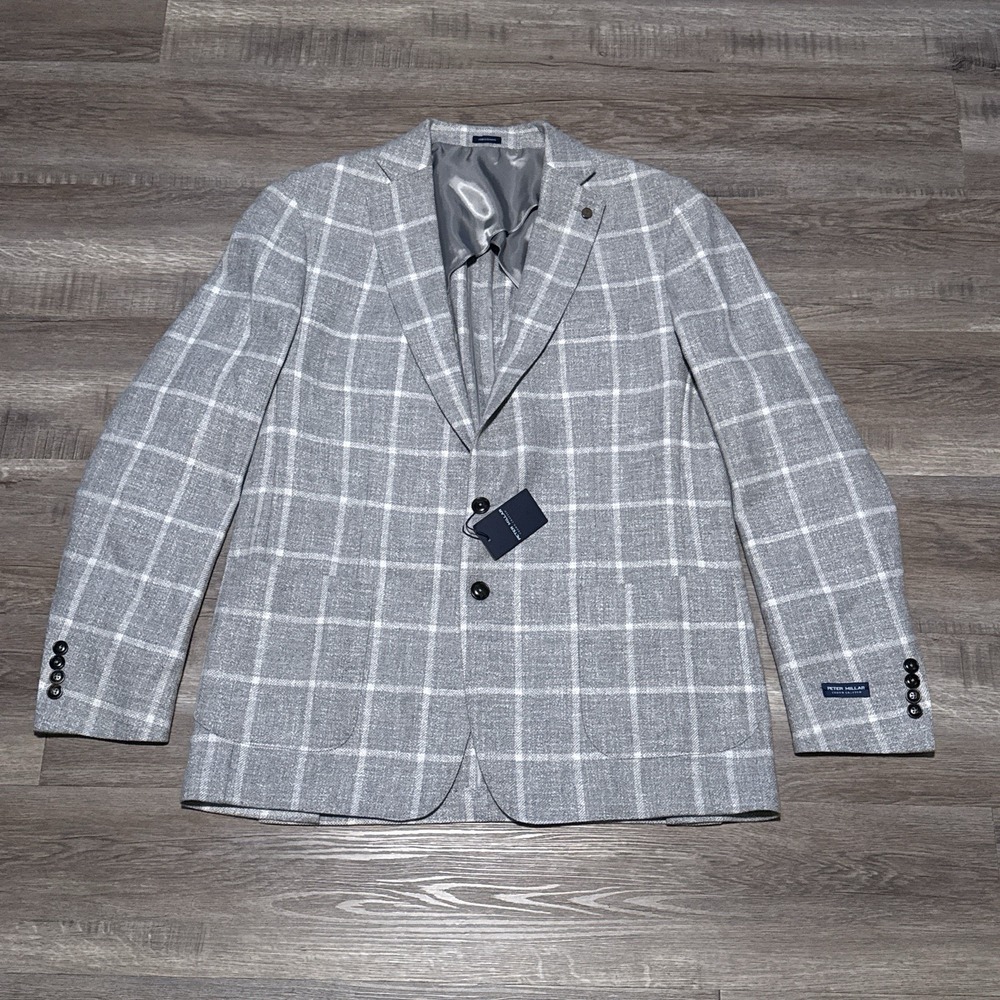 Peter Millar Crown Crafted Gray Windowpane Soft Jacket Men's Size 46L Long $1295
